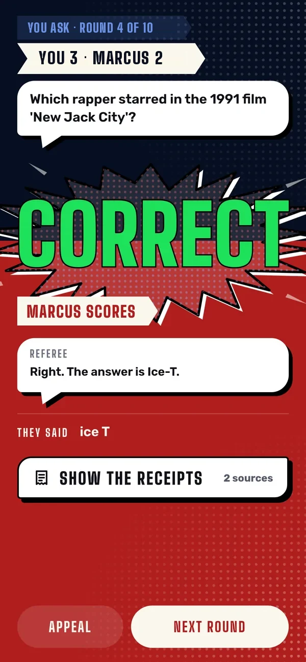 A verdict screen: CORRECT, with the referee's ruling